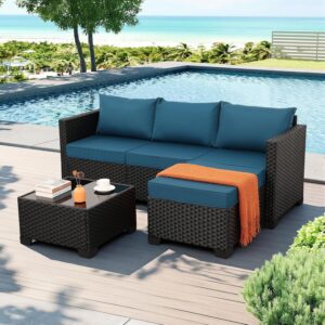 Outdoor Wicker Furniture Set Peacock Blue Cushions