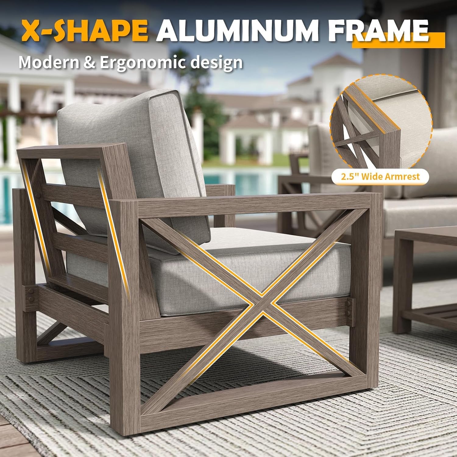 Aluminum Outdoor Patio Furniture Set Beige Cushions - Image 2